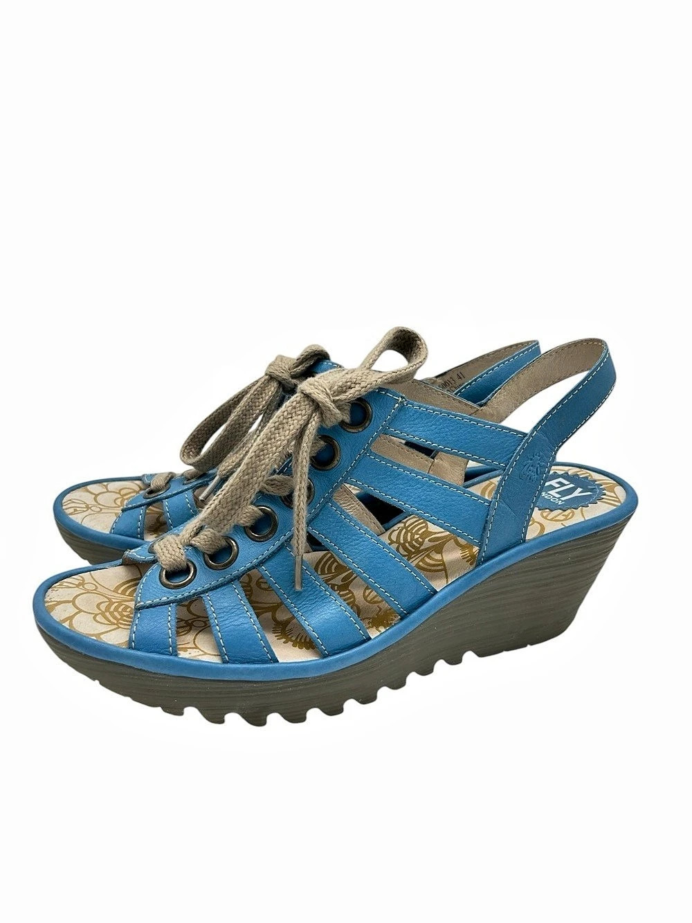 Fly London Yito Cashmere Blue Leather Sandals US 10 Edgy Lace Up Slingback Wedge